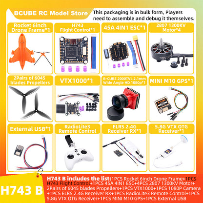 B-CUBE Rocket 6inch FPV Drone Frame Kit Carbon Fiber Racing Quadcopter Freestyle INAV Beatflight F4 F745 H743 Ardupilot Flight Control