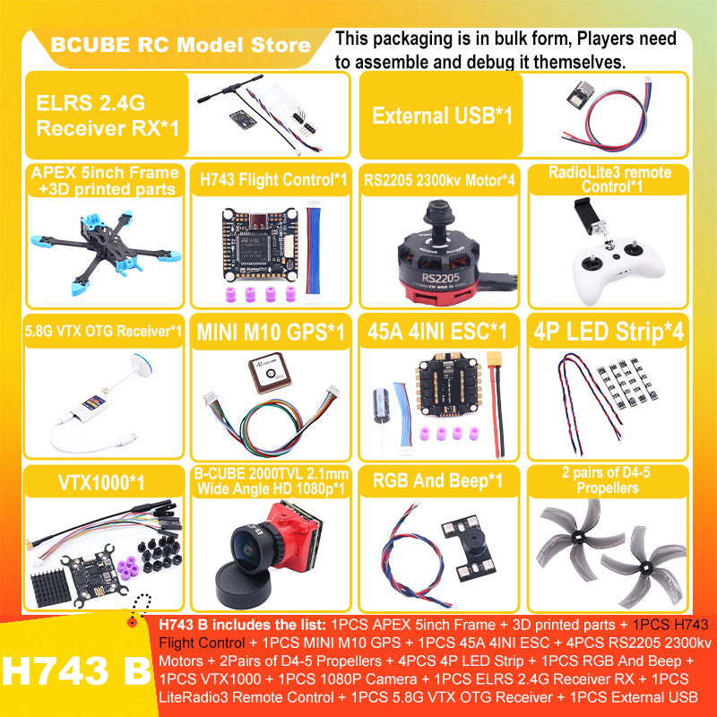 B-CUBE APEX 5inch FPV Drone Frame Kit Carbon Fiber Racing Drone Quadcopter Freestyle INAV Beatflight F722 M10 GPS Flight Control