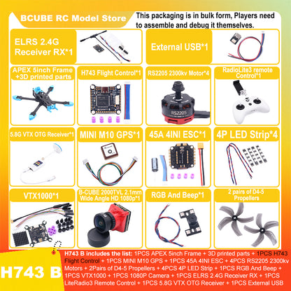 B-CUBE APEX 5inch FPV Drone Frame Kit Carbon Fiber Racing Drone Quadcopter Freestyle INAV Beatflight F722 M10 GPS Flight Control