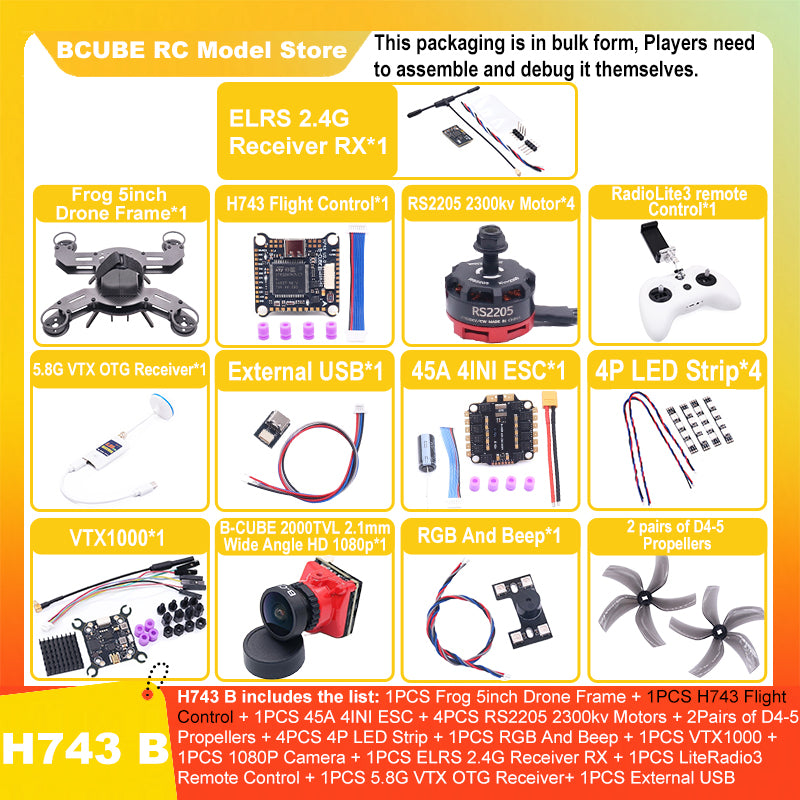 B-CUBE Frog 5inch FPV Drone Frame Kit Carbon Fiber Racing Drone Quadcopter Freestyle INAV Beatflight F722 M10 GPS Flight Control