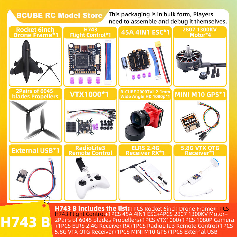 B-CUBE Rocket 6inch FPV Drone Frame Kit Carbon Fiber Racing Quadcopter Freestyle INAV Beatflight F4 F745 H743 Ardupilot Flight Control