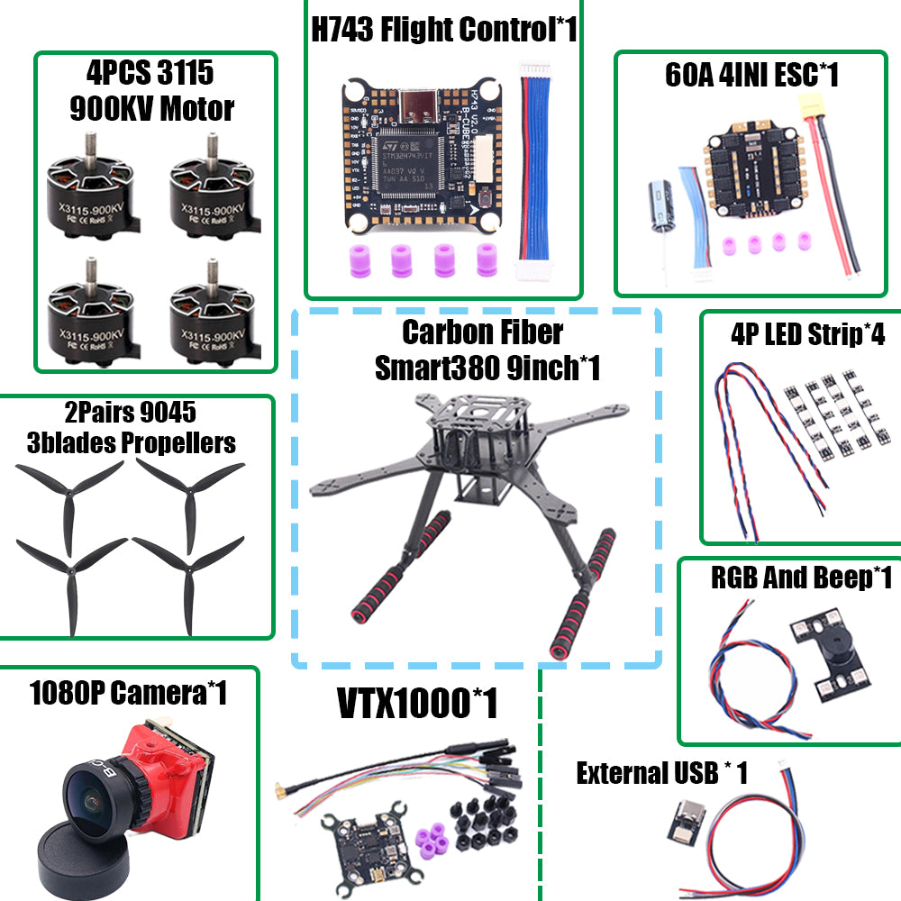 B-CUBE Smart380 450 9/10inch FPV Drone Frame Kit Carbon Fiber Racing Quadcopter Freestyle INAV Beatflight F722 Flight Control