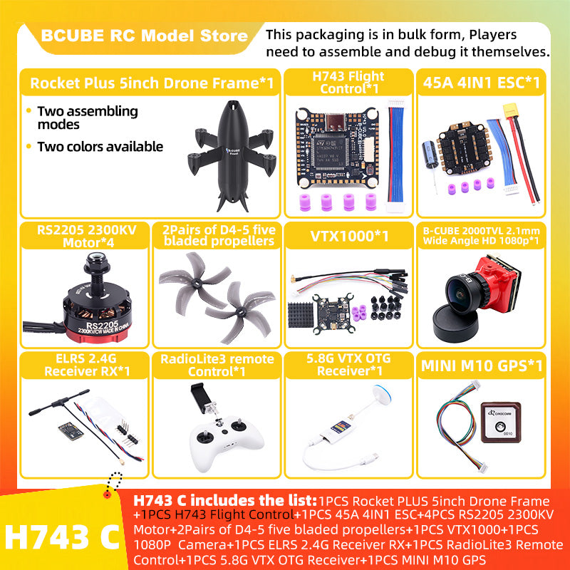 B-CUBE Rocket PLUS 5inch FPV Drone Frame Kit Carbon Fiber Racing Quadcopter Freestyle INAV Beatflight F722 Ardupilot Flight Control
