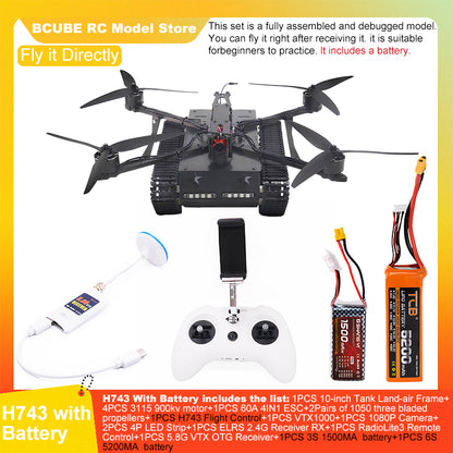 B-CUBE 10-inch Tank Land-air FPV Drone Frame Kit Carbon Fiber Racing Quadcopter Car INAV Beatflight H743 F745 Flight Control