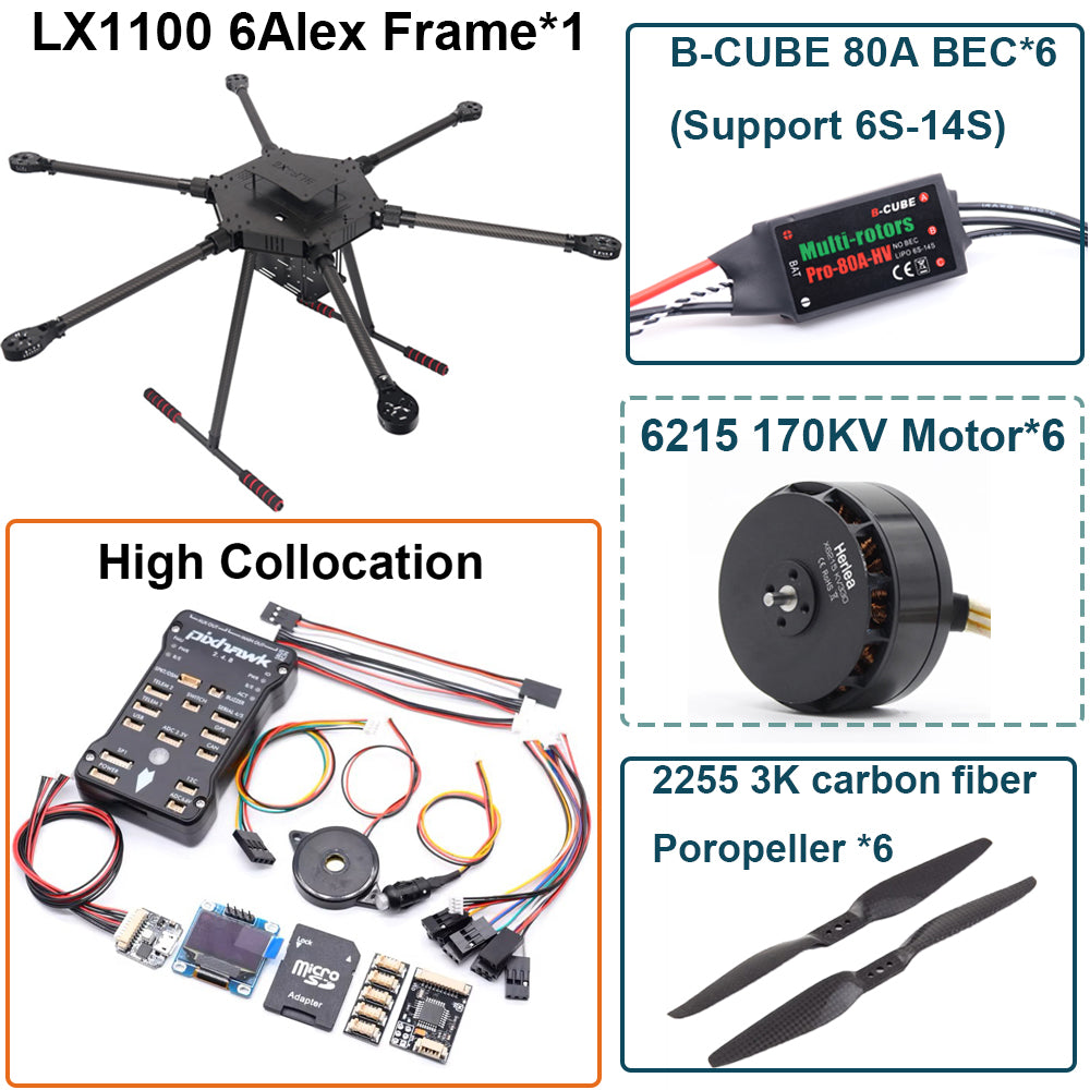 LX1100 Pixhawk 2.4.8 M8N  Flight Control Set  Full Carbon Fiber 1100mm Hexa-Rotor Frame B-CUBE 80A ESC PX4 6215 Motor