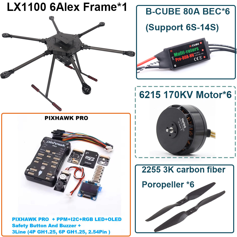 LX1100  PRO M8N Full Carbon Fiber 1100mm Hexa-Rotor Frame B-CUBE 80A ESC PX4 Pixhawk Flight Control Set 6215 Motor
