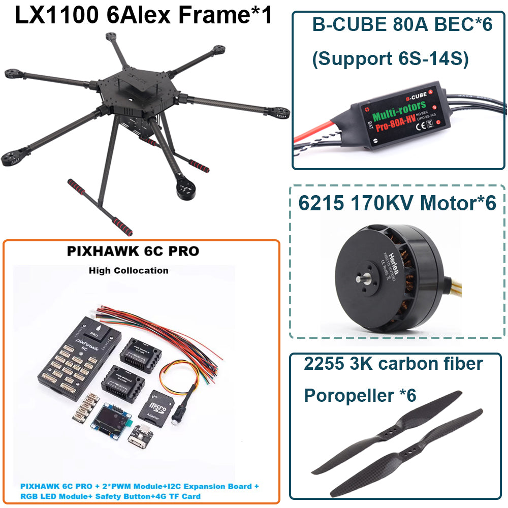 LX1100 6C PRO M8N Full Carbon Fiber 1100mm Hexa-Rotor Frame B-CUBE 80A ESC PX4 Pixhawk Flight Control Set 6215 Motor