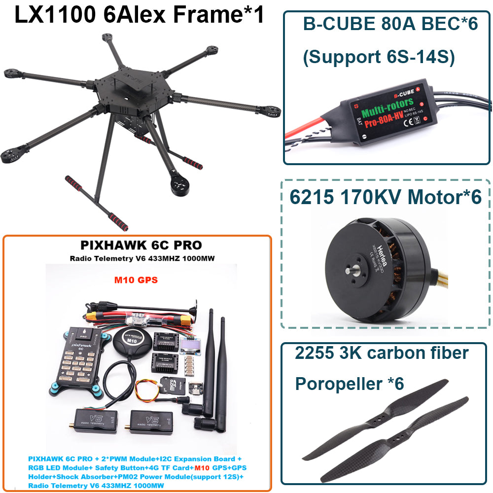 LX1100 6C PRO M10 Full Carbon Fiber 1100mm Hexa-Rotor Frame B-CUBE 80A ESC PX4 Pixhawk Flight Control Set 6215 Motor