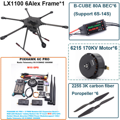 LX1100 6C PRO M10 Full Carbon Fiber 1100mm Hexa-Rotor Frame B-CUBE 80A ESC PX4 Pixhawk Flight Control Set 6215 Motor