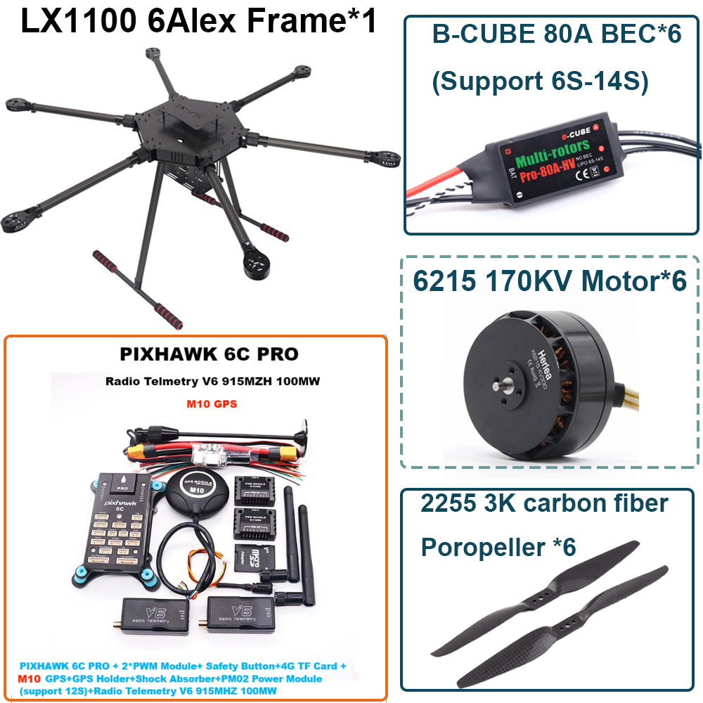 LX1100 6C PRO M10 Full Carbon Fiber 1100mm Hexa-Rotor Frame B-CUBE 80A ESC PX4 Pixhawk Flight Control Set 6215 Motor