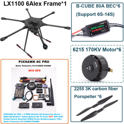 LX1100 6C PRO M10 Full Carbon Fiber 1100mm Hexa-Rotor Frame B-CUBE 80A ESC PX4 Pixhawk Flight Control Set 6215 Motor