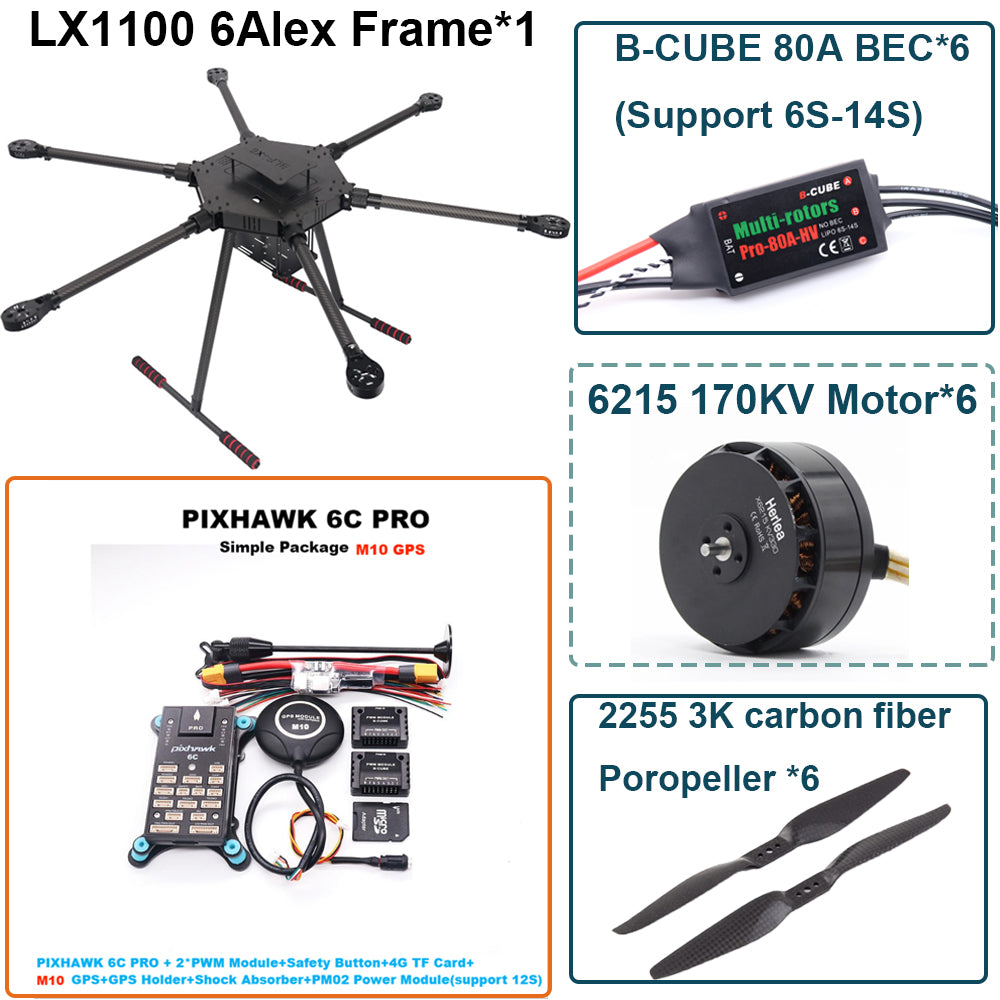 LX1100 6C PRO M10 Full Carbon Fiber 1100mm Hexa-Rotor Frame B-CUBE 80A ESC PX4 Pixhawk Flight Control Set 6215 Motor