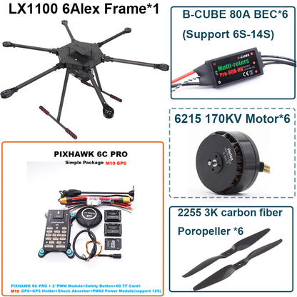 LX1100 6C PRO M10 Full Carbon Fiber 1100mm Hexa-Rotor Frame B-CUBE 80A ESC PX4 Pixhawk Flight Control Set 6215 Motor