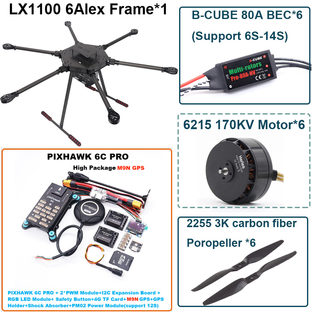 LX1100 6C PRO M9N Full Carbon Fiber 1100mm Hexa-Rotor Frame B-CUBE 80A ESC PX4 Pixhawk Flight Control Set 6215 Motor