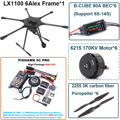 LX1100 6C PRO M9N Full Carbon Fiber 1100mm Hexa-Rotor Frame B-CUBE 80A ESC PX4 Pixhawk Flight Control Set 6215 Motor