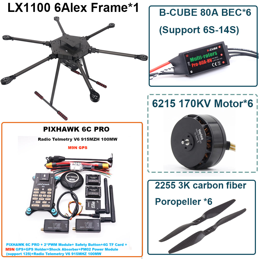 LX1100 6C PRO M9N Full Carbon Fiber 1100mm Hexa-Rotor Frame B-CUBE 80A ESC PX4 Pixhawk Flight Control Set 6215 Motor