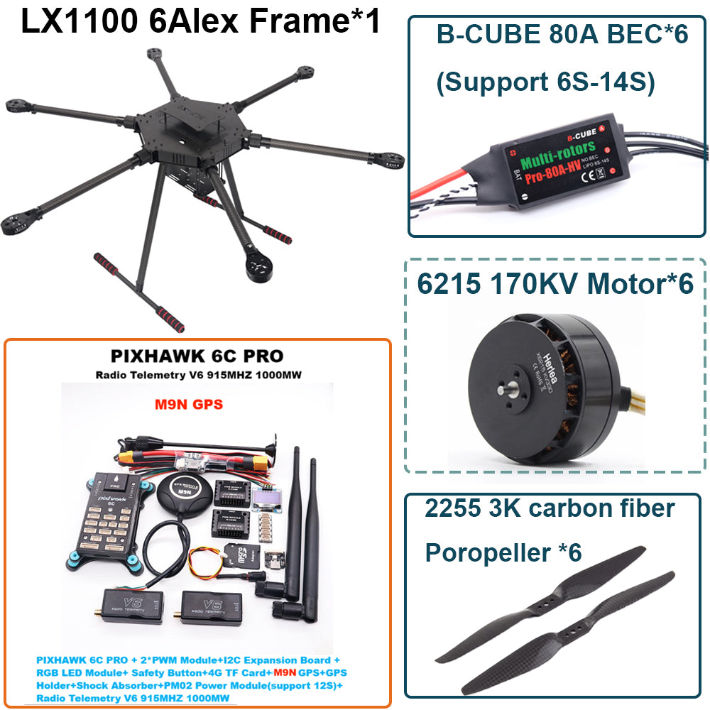 LX1100 6C PRO M9N Full Carbon Fiber 1100mm Hexa-Rotor Frame B-CUBE 80A ESC PX4 Pixhawk Flight Control Set 6215 Motor