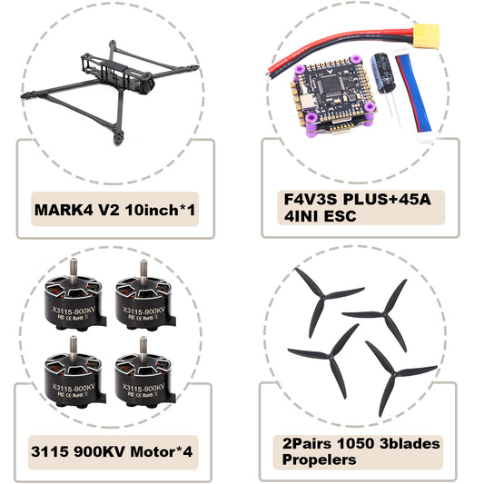 MARK4 V2 10 дюймов F4V3S/F4V3S PLUS Flight Control 45/60A 4INI ESC rack drone FPV carbon fiber PV Racing Drone Quadcopter Freestyle 