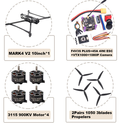 B-CUBE MARK4 V2 10inch F4V3S/F4V3S PLUS Flight Control 45/60A 4INI ESC rack drone FPV carbon fiber PV Racing Drone Quadcopter Freestyle