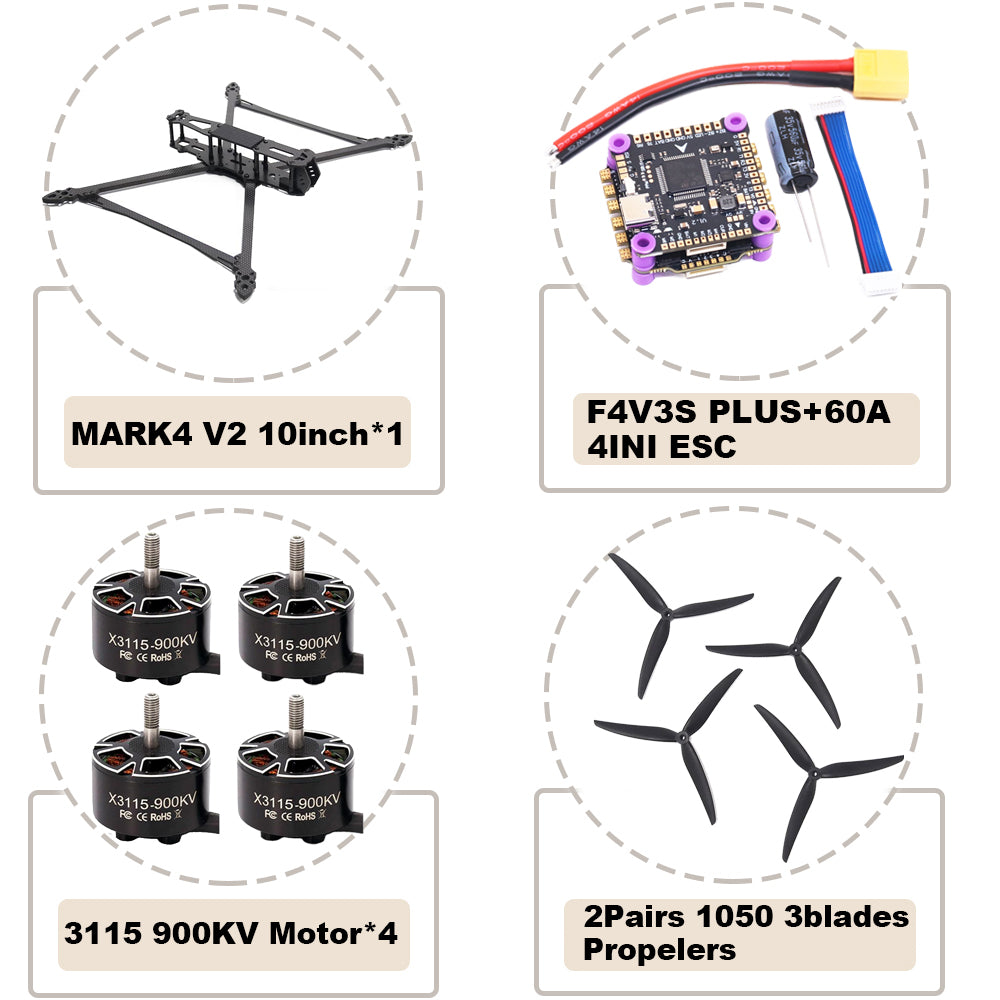 B-CUBE MARK4 V2 10inch F4V3S/F4V3S PLUS Flight Control 45/60A 4INI ESC rack drone FPV carbon fiber PV Racing Drone Quadcopter Freestyle