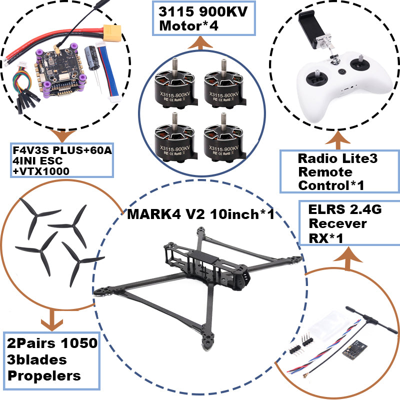 B-CUBE MARK4 V2 10inch F4V3S/F4V3S PLUS Flight Control 45/60A 4INI ESC rack drone FPV carbon fiber PV Racing Drone Quadcopter Freestyle