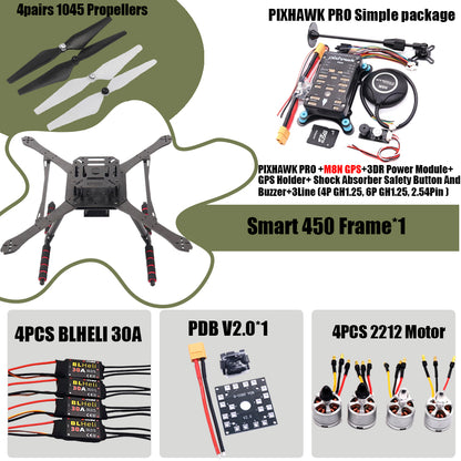 PIXHAWK2.4.8 Flight Control Carbon Fiber Smart450 Frame Kit Ardupilot 100MW Radio Telemetry Quadcopter BLHELI 30A ESC 2212 Motor