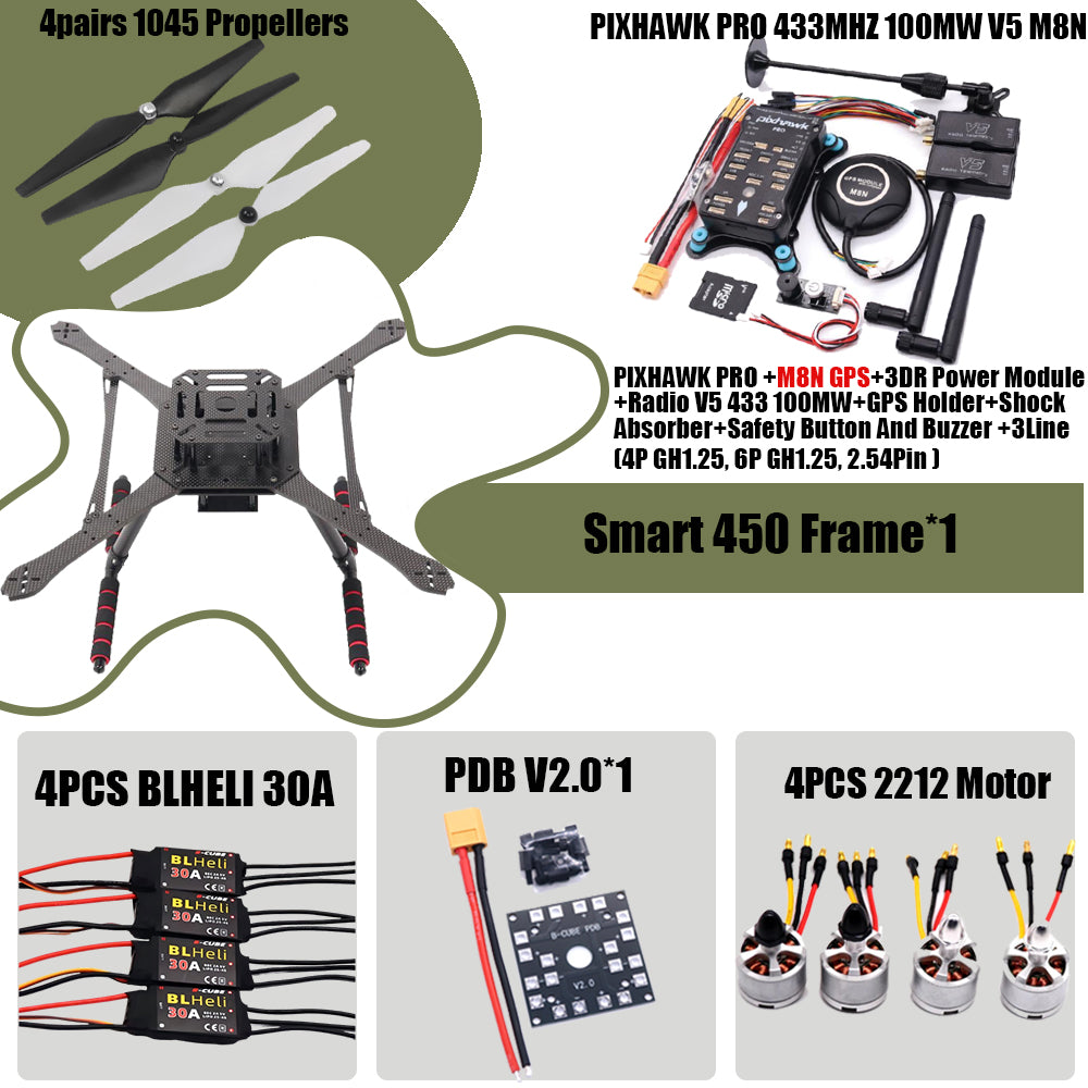 PIXHAWK2.4.8 Flight Control Carbon Fiber Smart450 Frame Kit Ardupilot 100MW Radio Telemetry Quadcopter BLHELI 30A ESC 2212 Motor