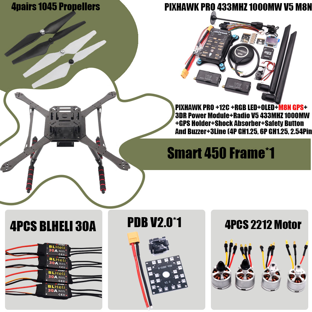 PIXHAWK2.4.8 Flight Control Carbon Fiber Smart450 Frame Kit Ardupilot 100MW Radio Telemetry Quadcopter BLHELI 30A ESC 2212 Motor