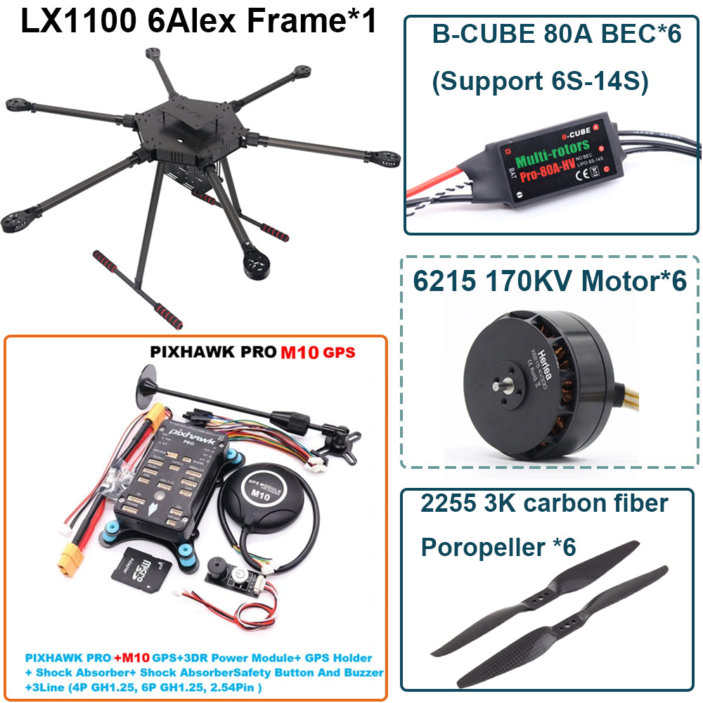 LX1100 PRO M10 Full Carbon Fiber 1100mm Hexa-Rotor Frame B-CUBE 80A ESC PX4 Pixhawk Flight Control Set 6215 Motor