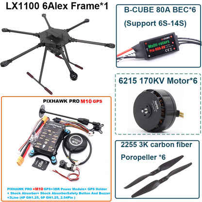 LX1100 PRO M10 Full Carbon Fiber 1100mm Hexa-Rotor Frame B-CUBE 80A ESC PX4 Pixhawk Flight Control Set 6215 Motor