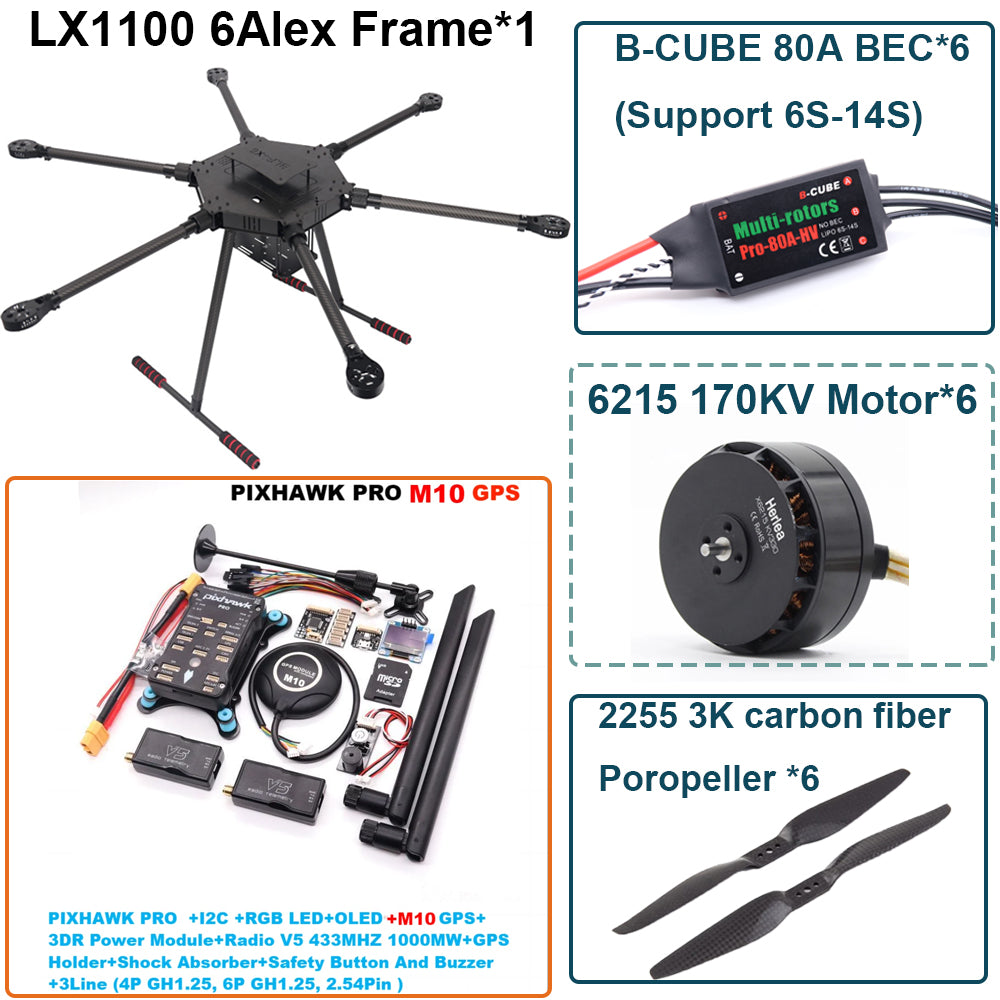 LX1100 PRO M10 Full Carbon Fiber 1100mm Hexa-Rotor Frame B-CUBE 80A ESC PX4 Pixhawk Flight Control Set 6215 Motor