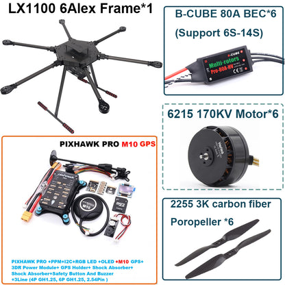 LX1100 PRO M10 Full Carbon Fiber 1100mm Hexa-Rotor Frame B-CUBE 80A ESC PX4 Pixhawk Flight Control Set 6215 Motor