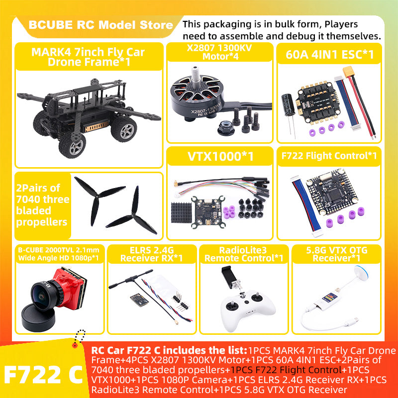 B-CUBE 7inch Flying Car FPV Drone Frame Kit Carbon Fiber Racing Quadcopter BF INAV F4 F722 F745 H743 Flight Control