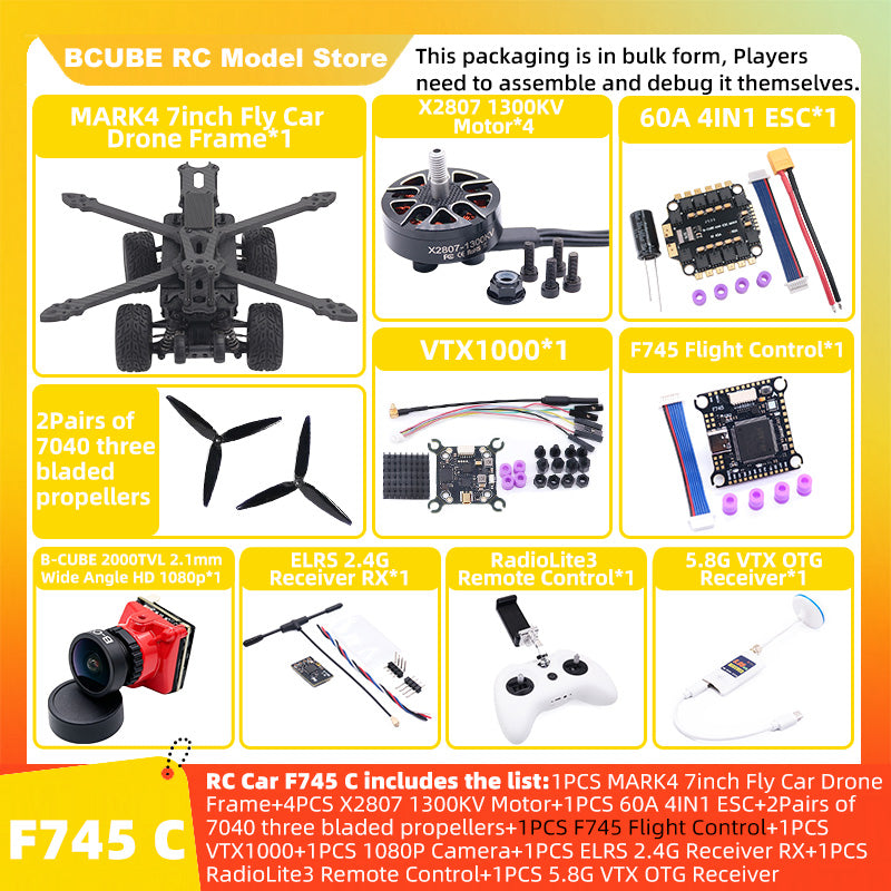B-CUBE 7inch Flying Car FPV Drone Frame Kit Carbon Fiber Racing Quadcopter BF INAV F4 F722 F745 H743 Flight Control