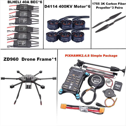 ZD960 PIXHAWK2.4.8 M10 Full Carbon Fiber  Hexa-Rotor Frame BLHELI 40A ESC Flight Comtrol Rado Telemetry Set