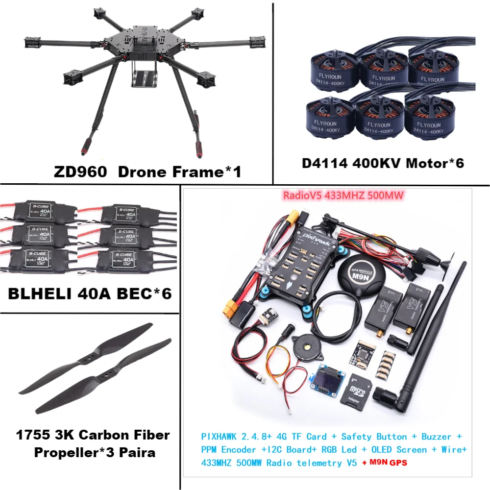 ZD960 PIXHAWK2.4.8 M9N Full Carbon Fiber  Hexa-Rotor Frame BLHELI 40A ESC Flight Comtrol Rado Telemetry Set