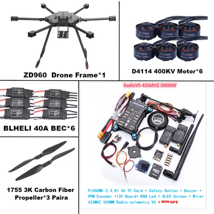 ZD960 PIXHAWK2.4.8 M9N Full Carbon Fiber  Hexa-Rotor Frame BLHELI 40A ESC Flight Comtrol Rado Telemetry Set