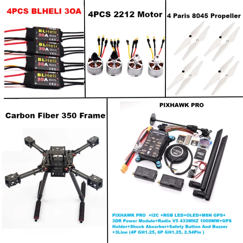 B-CUBE Carbon Fiber 350  PIXHAWK PRO M8N KitFlight Control Ardupilot Radio Telemetry Quadcopter BLHELI 30A 2212 Motor ESC