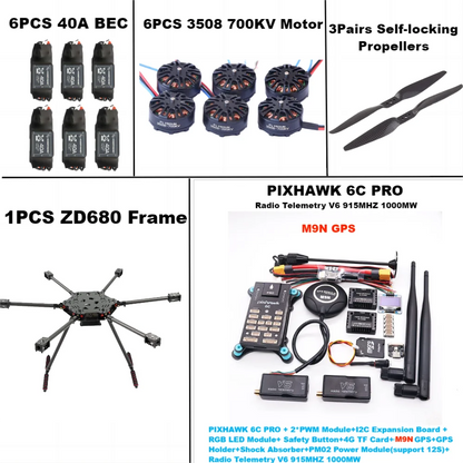 B-CUBE ZD680  6C PRO M9N Full Carbon Fiber Hexa-Rotor Foldable Arm Hexacopter Frame Kit  PIXHAWK with Unflodable Landing Gear
