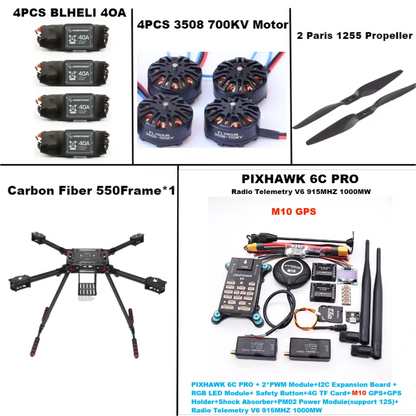 B-CUBE 550 Hexa Frame PIXHAWK  6C PRO M10 Flight Control Carbon Ardupilot Radio Telemetry Quadcopter  40A 3508 700KV Motor ESC