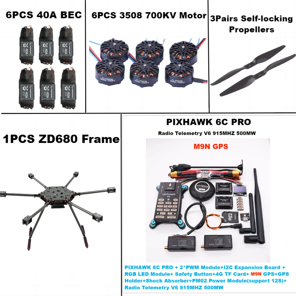 B-CUBE ZD680  6C PRO M9N Full Carbon Fiber Hexa-Rotor Foldable Arm Hexacopter Frame Kit  PIXHAWK with Unflodable Landing Gear