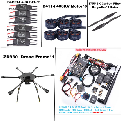 ZD960 PIXHAWK2.4.8 M9N Full Carbon Fiber  Hexa-Rotor Frame BLHELI 40A ESC Flight Comtrol Rado Telemetry Set