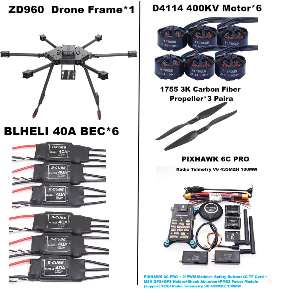 ZD960 PIXHAWK 6C PRO M8N Full Carbon Fiber  Hexa-Rotor Frame BLHELI 40A ESC Flight Comtrol Rado Telemetry Set