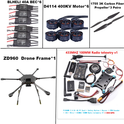 ZD960 PIXHAWK2.4.8 M9N Full Carbon Fiber  Hexa-Rotor Frame BLHELI 40A ESC Flight Comtrol Rado Telemetry Set