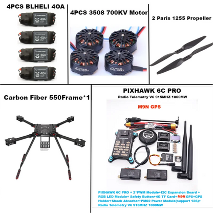 B-CUBE 550 Hexa Frame PIXHAWK  6C PRO M9N Flight Control Carbon Ardupilot Radio Telemetry Quadcopter  40A 3508 700KV Motor ESC