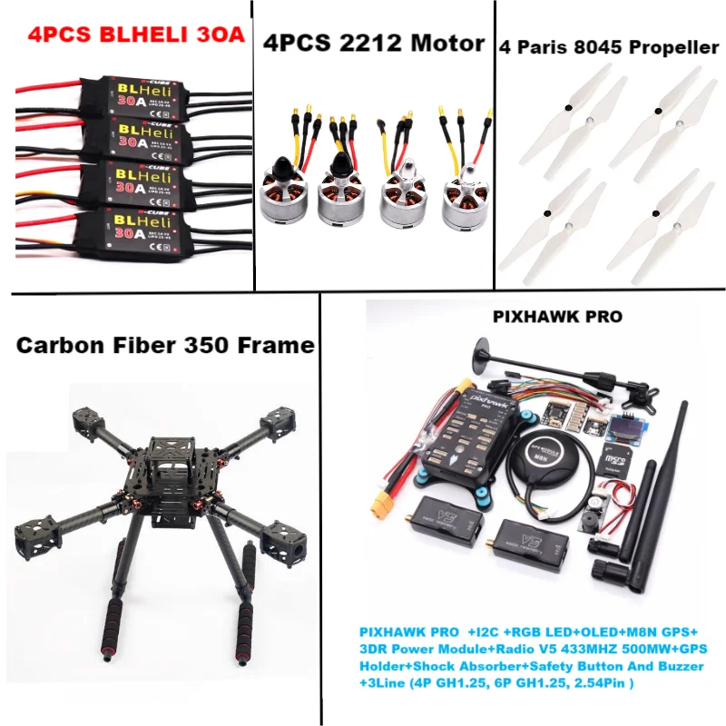 B-CUBE Carbon Fiber 350  PIXHAWK PRO M8N KitFlight Control Ardupilot Radio Telemetry Quadcopter BLHELI 30A 2212 Motor ESC