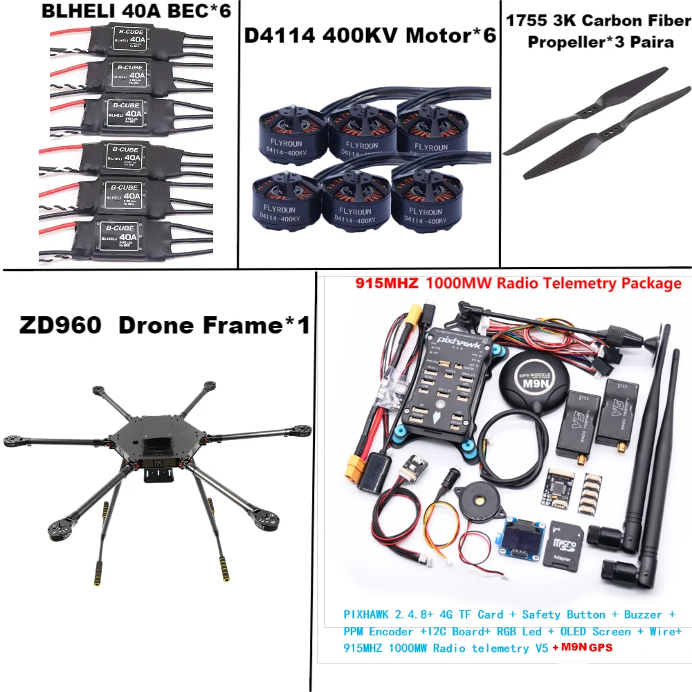 ZD960 PIXHAWK2.4.8 M9N Full Carbon Fiber  Hexa-Rotor Frame BLHELI 40A ESC Flight Comtrol Rado Telemetry Set