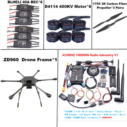 ZD960 PIXHAWK2.4.8 M9N Full Carbon Fiber  Hexa-Rotor Frame BLHELI 40A ESC Flight Comtrol Rado Telemetry Set