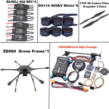 ZD960 PIXHAWK2.4.8 M9N Full Carbon Fiber  Hexa-Rotor Frame BLHELI 40A ESC Flight Comtrol Rado Telemetry Set