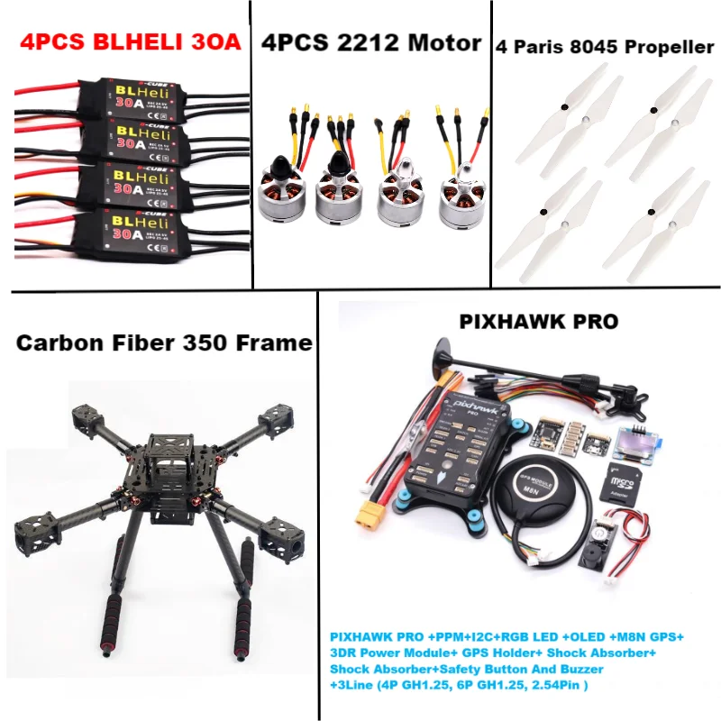 B-CUBE Carbon Fiber 350  PIXHAWK PRO M8N KitFlight Control Ardupilot Radio Telemetry Quadcopter BLHELI 30A 2212 Motor ESC
